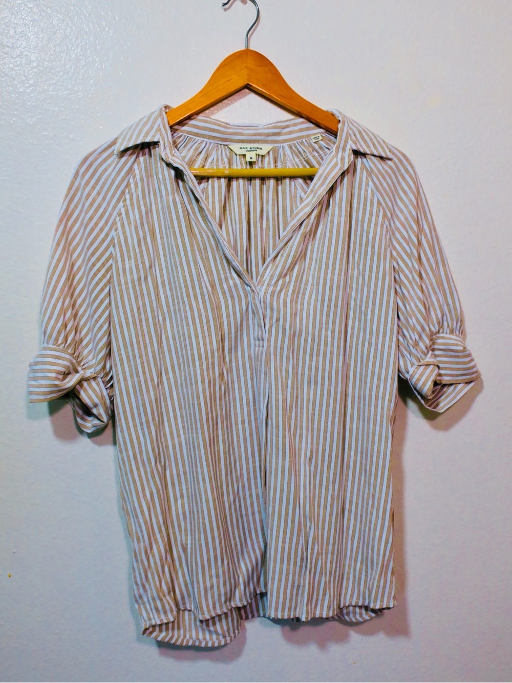 Max Studio London Woman’s Tan Striped Button-Front Shirt Blouse